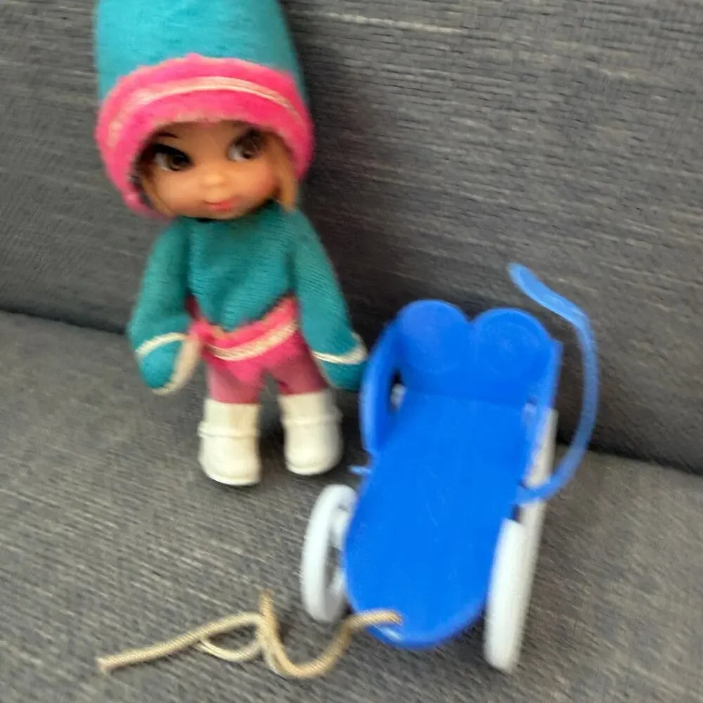 Vintage Liddle Kiddles Freezy Sliddle Doll, Clothes, Sled 1960s